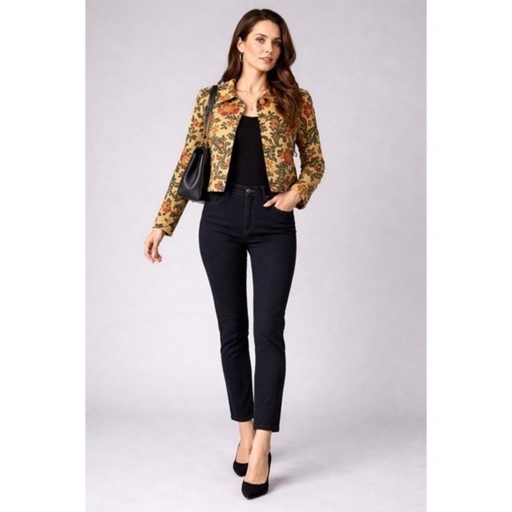 ATL Studio Size 8 Floral Tapestry Jacket Cotton Corduroy Button Front Blazer Tan